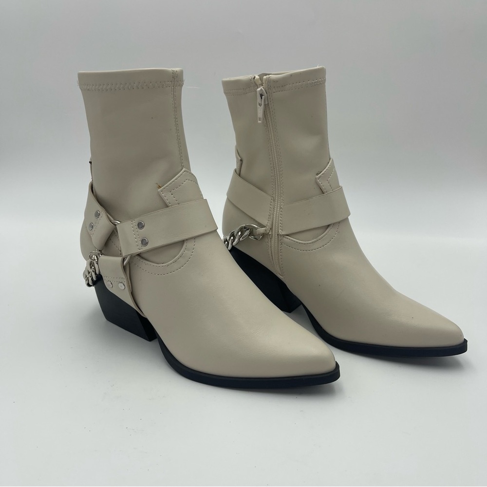 Dolce Vita Keeler Harness Moto Engineer Chain Heeled Boots Ivory Snake-SZ 6